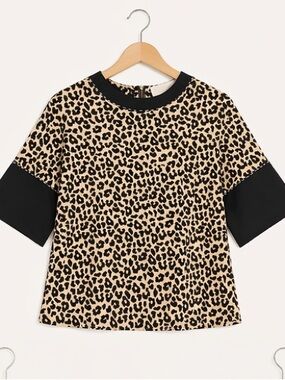 Laurence Dacade Leopard Print Short Sleeve Tee in Beige and Black M 100% Cotton